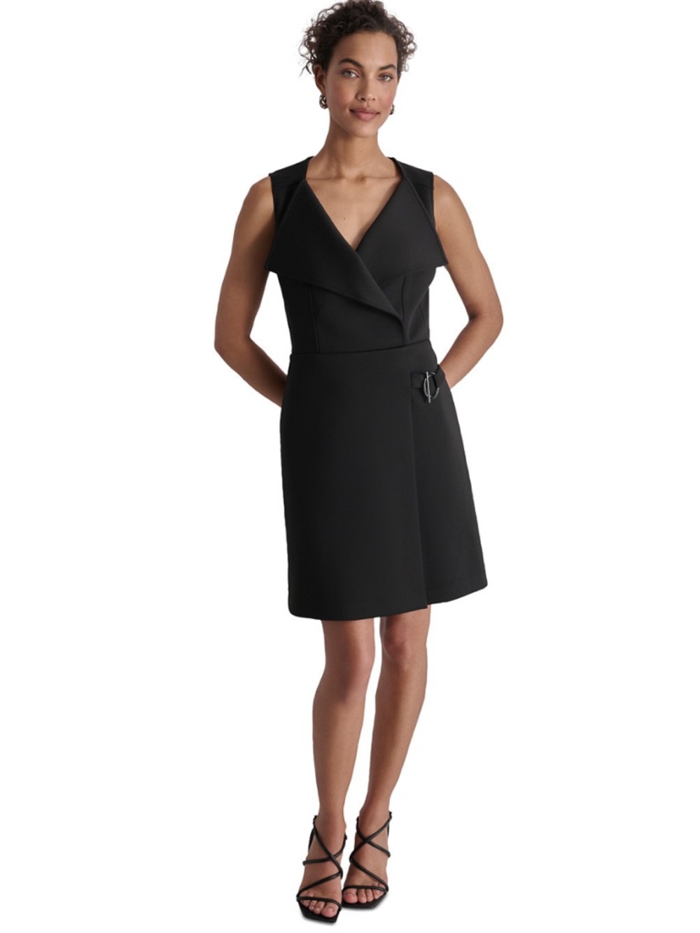 DKNY Black A-Line Dress Size 14 NWT Flyaway Collar Hardware Trim Work Career